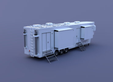 3D model of large white command and control trailer back