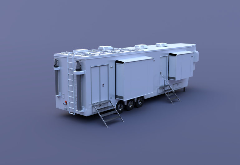 3D model of large white command and control trailer back